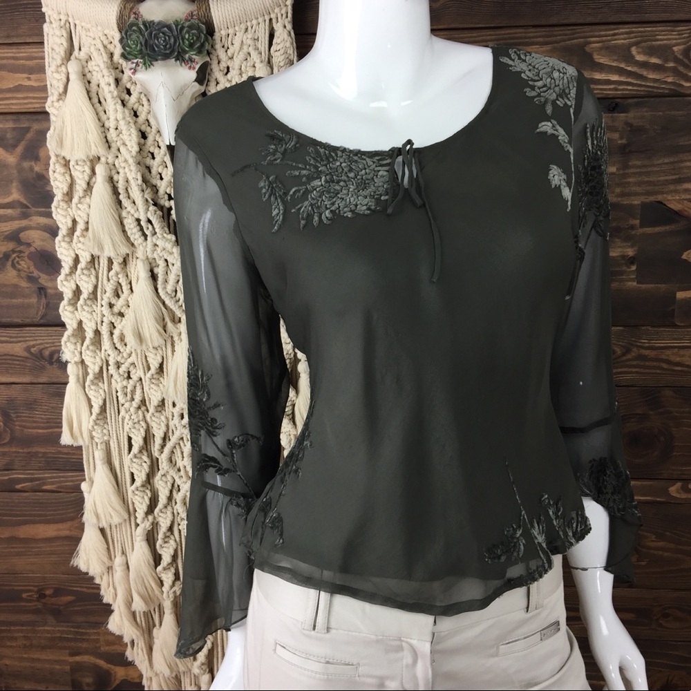 NYC Design Co |‎ Velvet Floral Sheer Bell Tie Front Blouse
